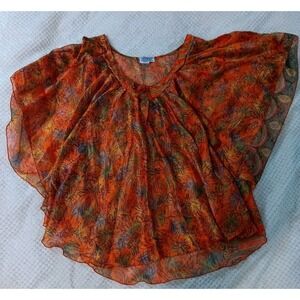 Mexicali Blues Orange Sheer Silk Blend Flowy Butterfly Sleeve Blouse Boho‎ Chic